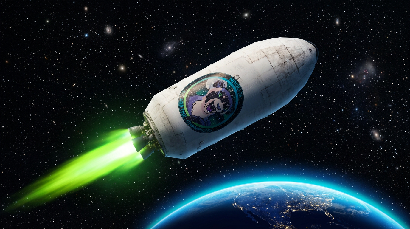 Payload fairing with the mission emblem departing Earth