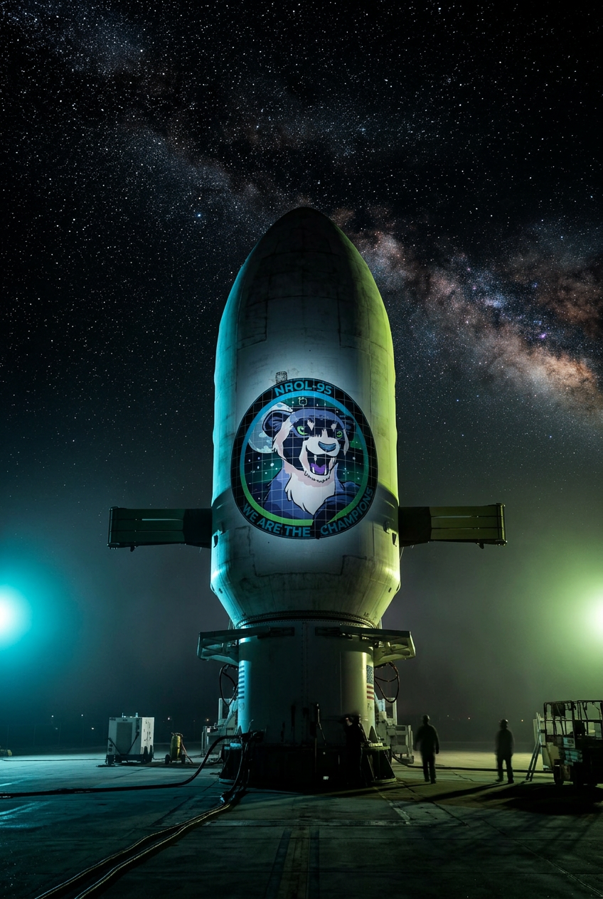 Payload fairing carrying the NROL-95 mission emblem on a dark launchpad under a starfield